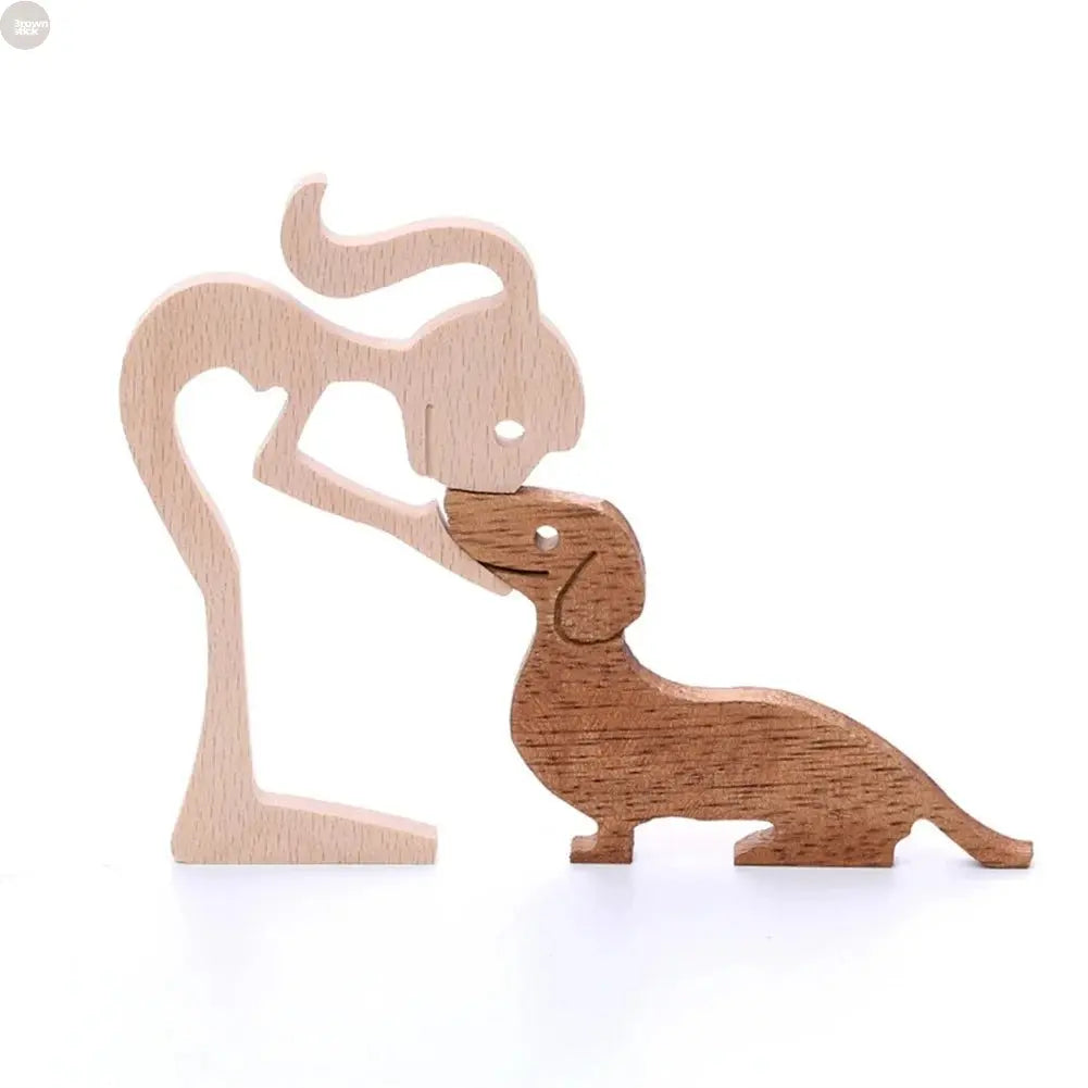 Wooden Dog and Human Figurine – Creative 3D Man Statue - Brownstick