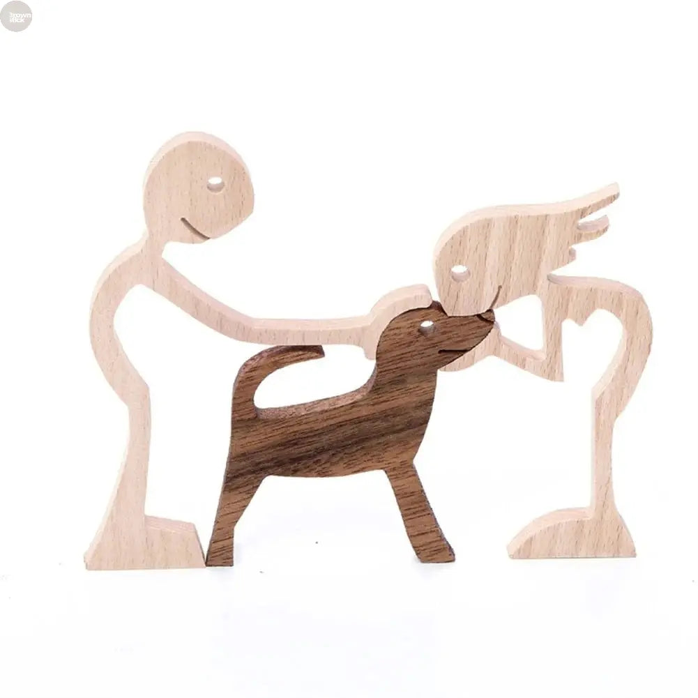 Wooden Dog and Human Figurine – Creative 3D Man Statue - Brownstick