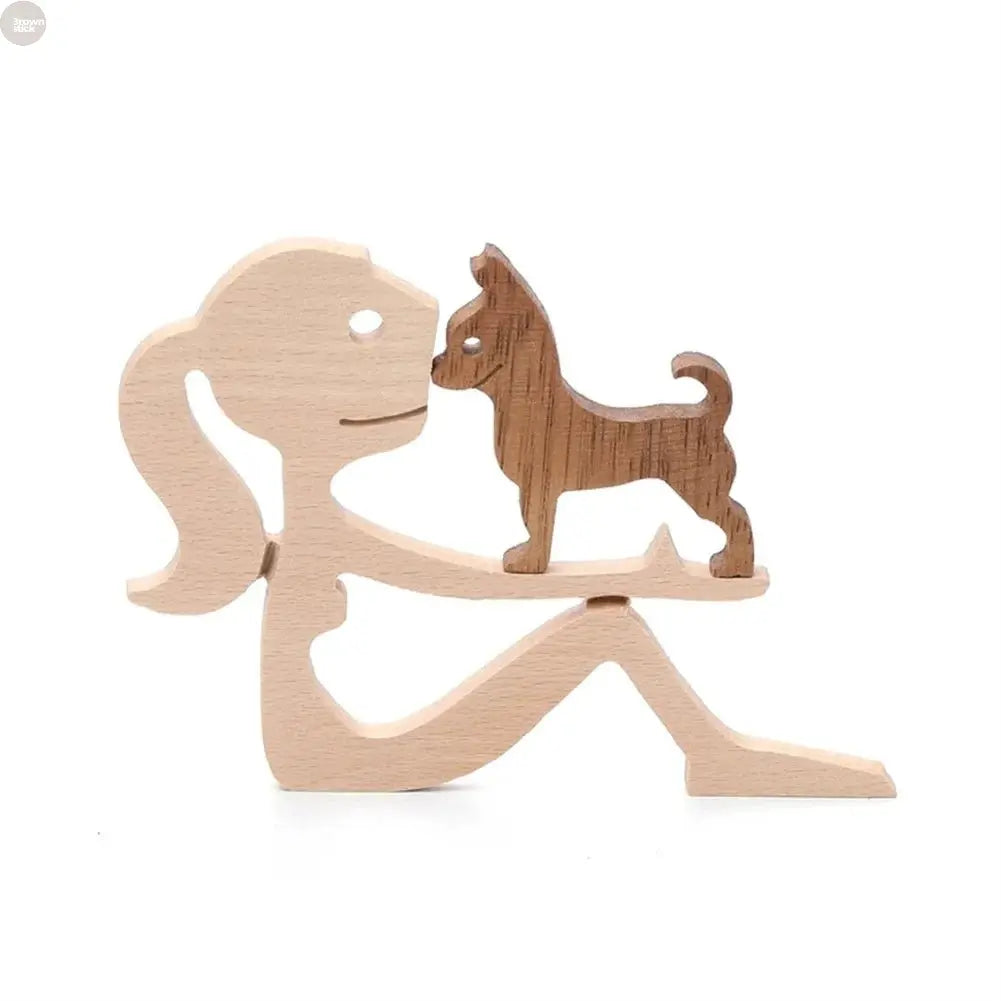 Wooden Dog and Human Figurine – Creative 3D Man Statue - Brownstick