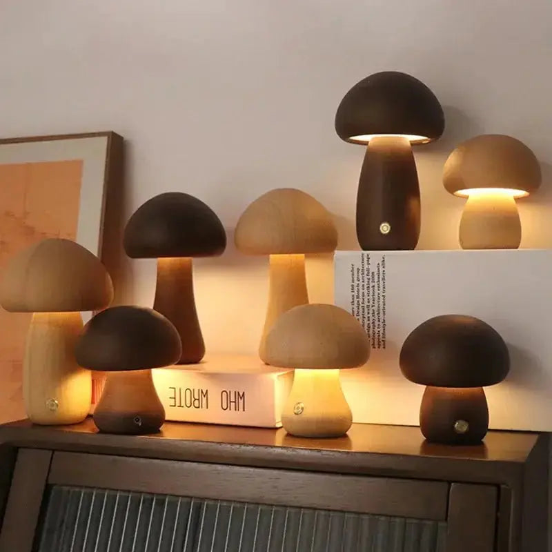 Wooden Mushroom Night Light - Touch Switch, Dimmable, USB Charging - Brownstick