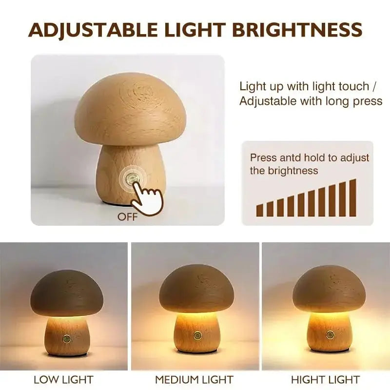Wooden Mushroom Night Light - Touch Switch, Dimmable, USB Charging - Brownstick