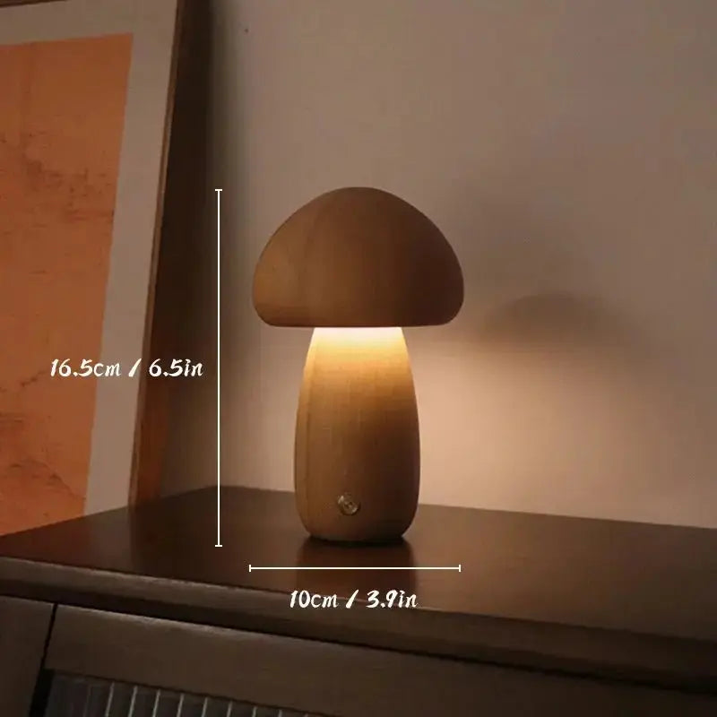 Wooden Mushroom Night Light - Touch Switch, Dimmable, USB Charging - Brownstick