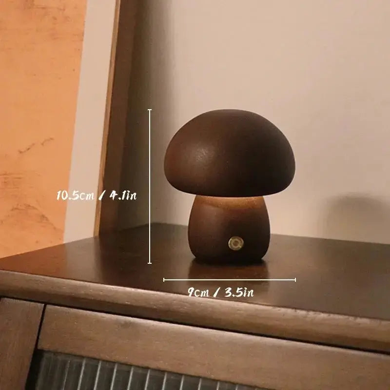 Wooden Mushroom Night Light - Touch Switch, Dimmable, USB Charging - Brownstick