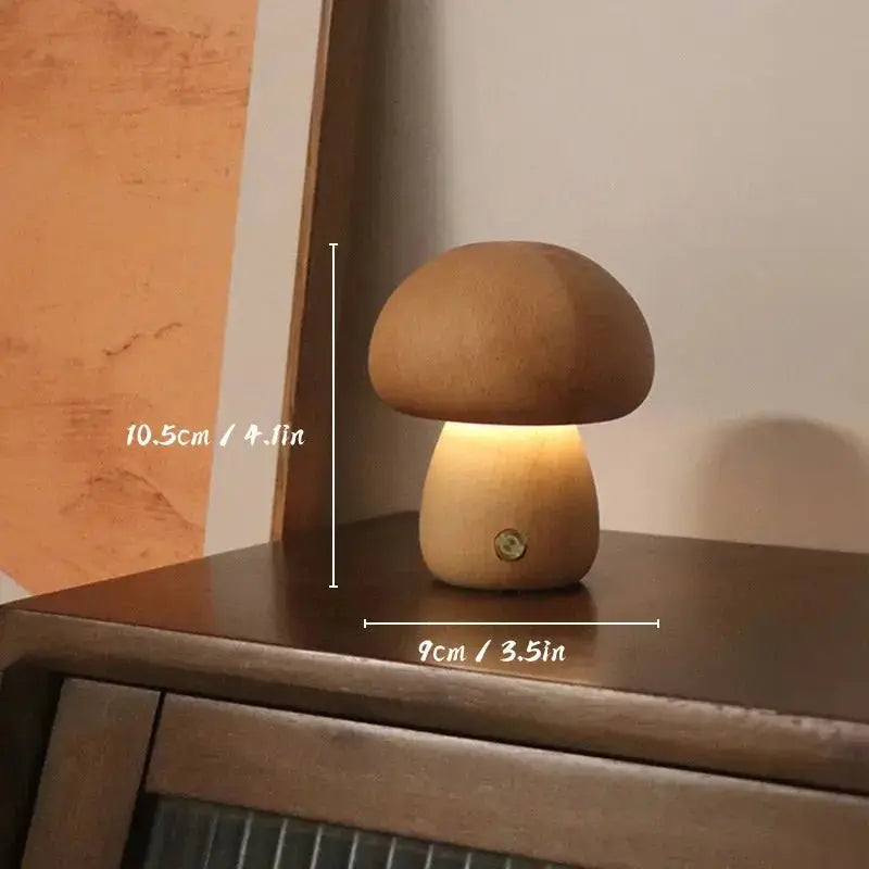 Wooden Mushroom Night Light - Touch Switch, Dimmable, USB Charging - Brownstick