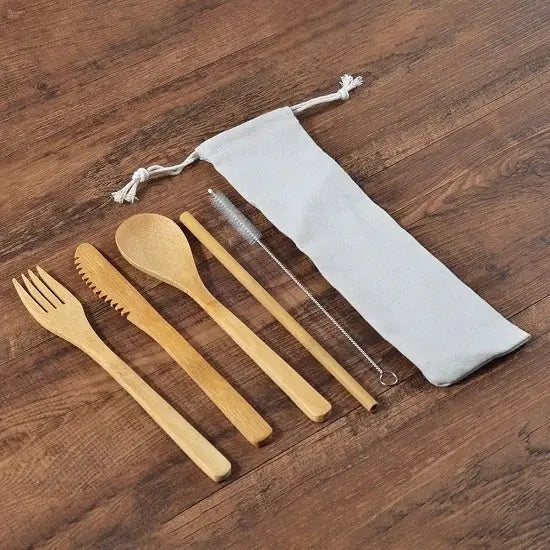 Zero Waste Bamboo Travel Kit – Eco-Friendly Cutlery, Toothbrush, Straw, and Brush Set Brownstick