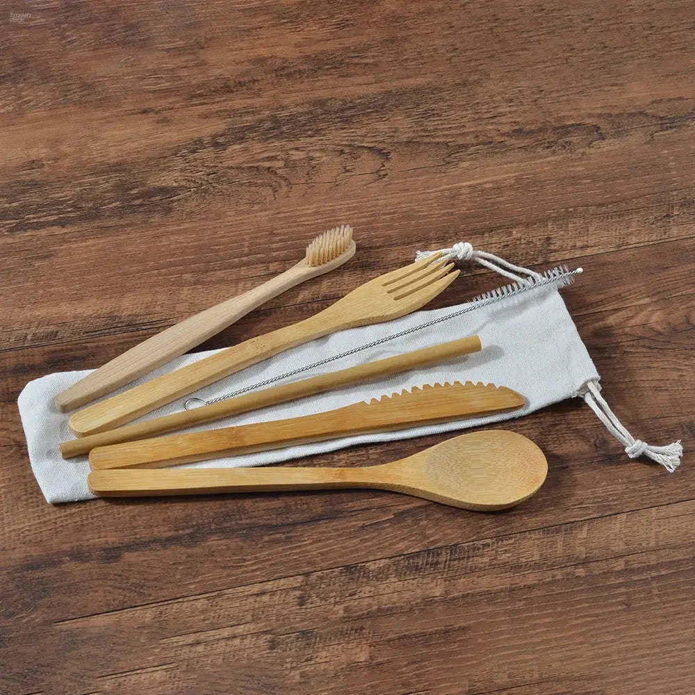 Zero Waste Bamboo Travel Kit – Eco-Friendly Cutlery, Toothbrush, Straw, and Brush Set Brownstick