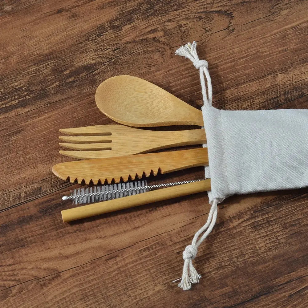 Zero Waste Bamboo Travel Kit – Eco-Friendly Cutlery, Toothbrush, Straw, and Brush Set Brownstick