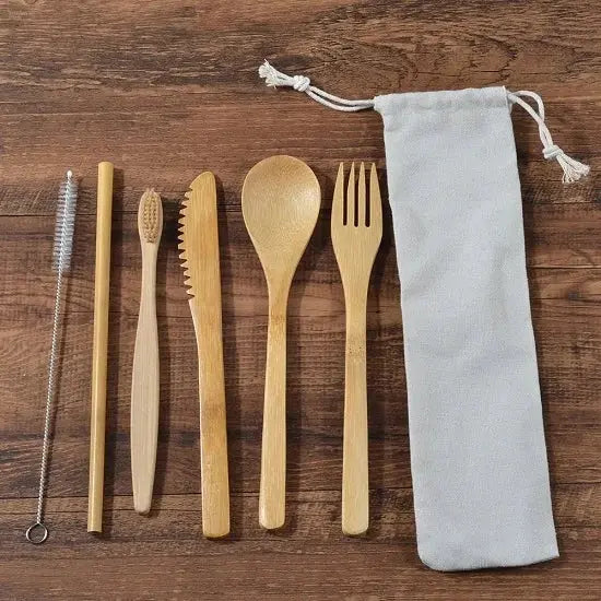 Zero Waste Bamboo Travel Kit – Eco-Friendly Cutlery, Toothbrush, Straw, and Brush Set Brownstick