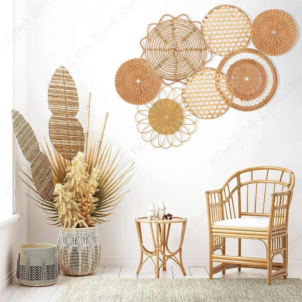 8pcs Natural Wall Basket Boho Decor – Handmade Rattan Set Brownstick