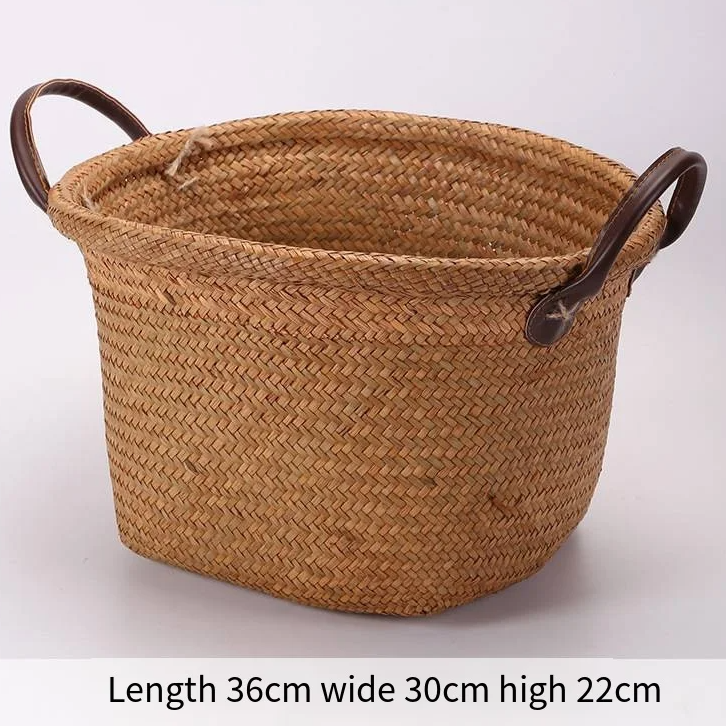 Seaweed Wicker Basket with Leather Handle  Storage & Décor Brownstick